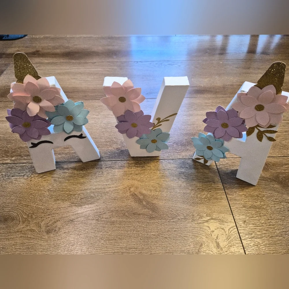 Custom AVA Decorative White Letters with Floral Accents and Unicorn Design
